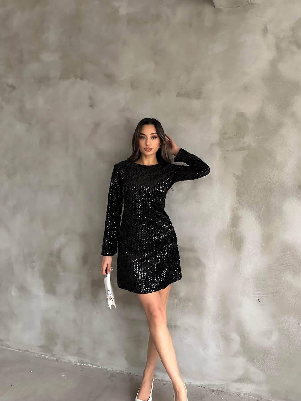 Women's Black Sequin Short Dress with Long Sleeves and A-Line Skirt, Suitable for Night