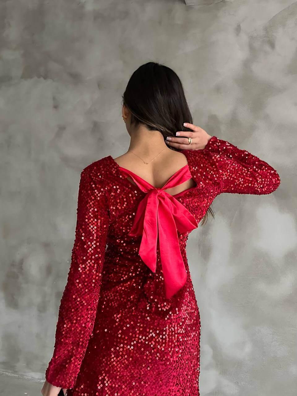 Women's Red Sequin Short Dress with Long Sleeves and A-Line Skirt, Suitable for Night