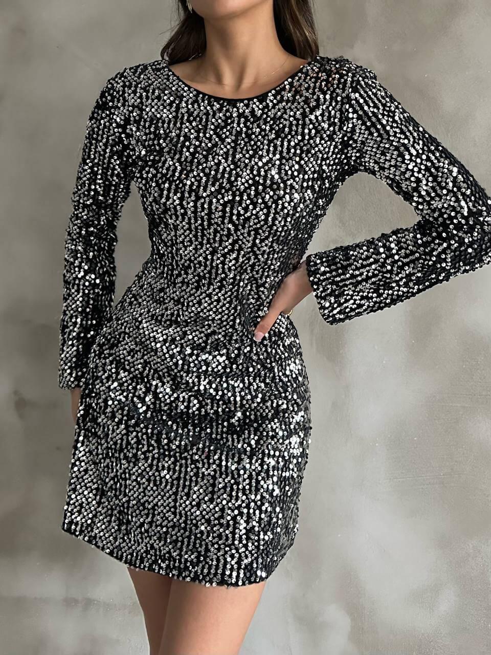 Women's Silver Sequin Short Dress with Long Sleeves and A-Line Skirt, Suitable for Night