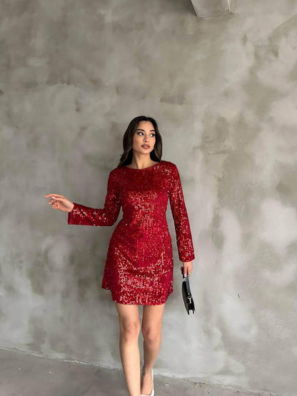 Women's Red Sequin Short Dress with Long Sleeves and A-Line Skirt, Suitable for Night