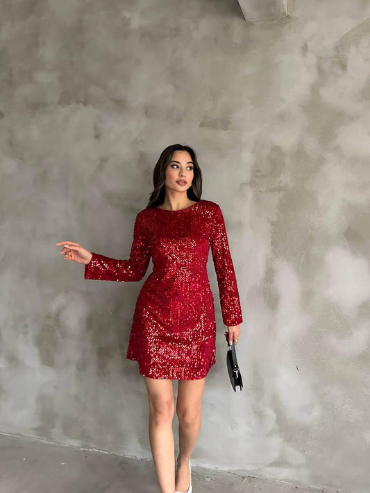 Women's Red Sequin Short Dress with Long Sleeves and A-Line Skirt, Suitable for Night