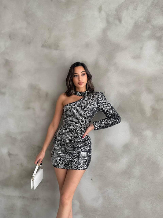 Women's Silver One-Shoulder Sequin Short Dress with Halter Neck, Skinny Fit, Suitable for Night