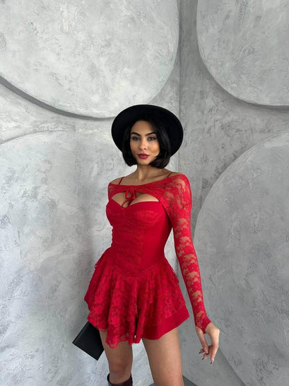 red princess dress with lace sleeves, featuring intricate lace details and a bust glop with shorts inside. The dress is made of full lycra stretch lace.