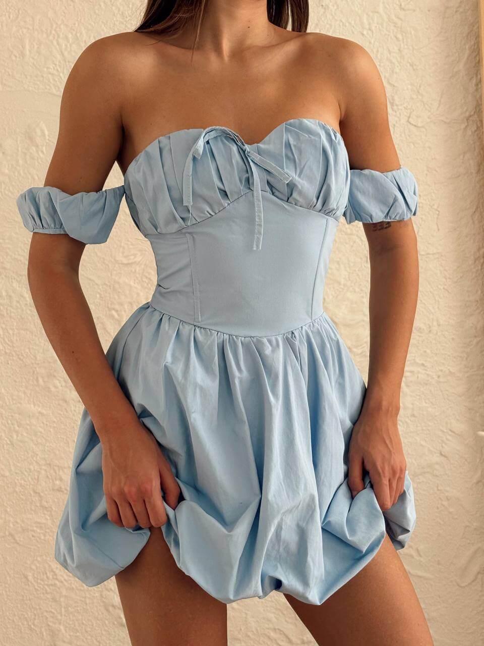 Women's short light blue dress with off-the-shoulder sleeves
