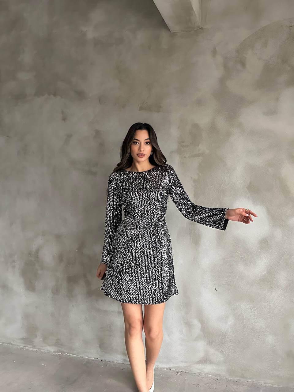 Women's Silver Sequin Short Dress with Long Sleeves and A-Line Skirt, Suitable for Night