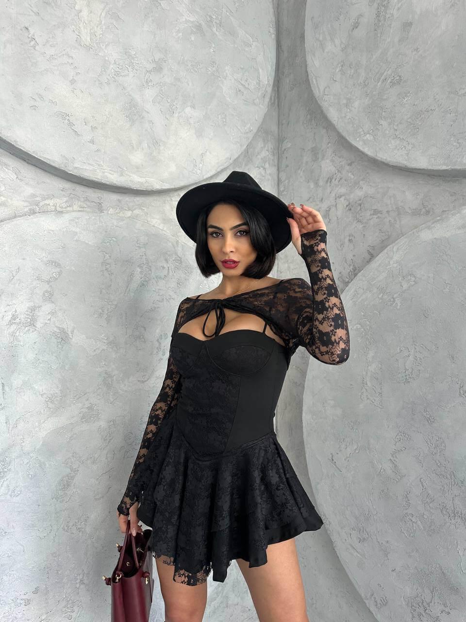 red princess dress with lace sleeves, featuring intricate lace details and a bust glop with shorts inside. The dress is made of full lycra stretch lace.