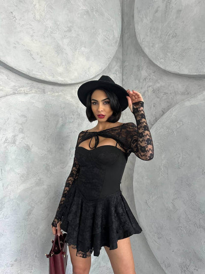 red princess dress with lace sleeves, featuring intricate lace details and a bust glop with shorts inside. The dress is made of full lycra stretch lace.