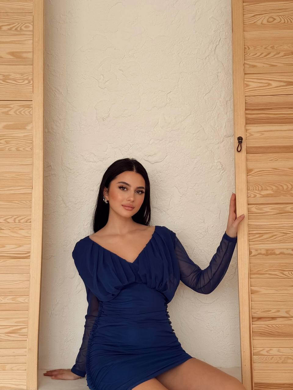 Navy Ruched Long-Sleeved Dress with Deep V-Neckline
