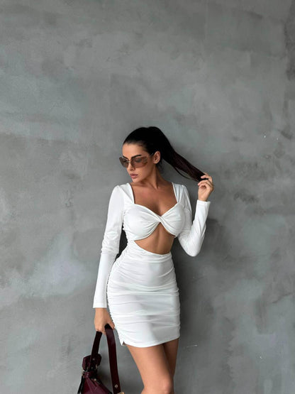 Women's Short White Skinny Dress with a Bra-Style Top, Open Back, Stretchy Fabric, and Length Below the Hips
