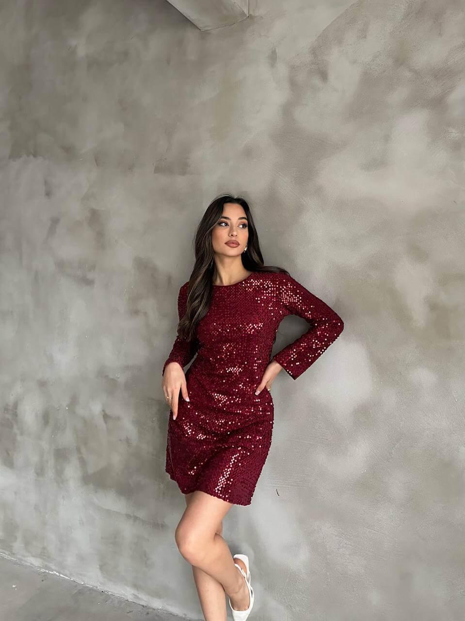 Women's Burgundy Sequin Short Dress with Long Sleeves and A-Line Skirt, Suitable for Night